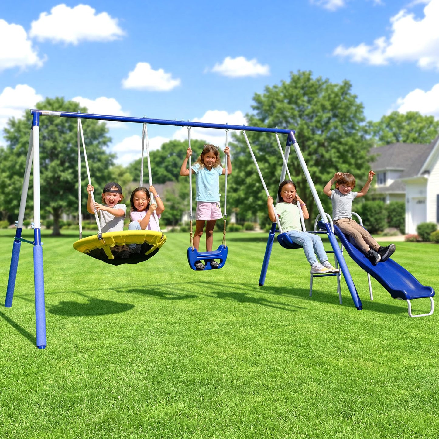 Sportspower Fairbrook Backyard Metal Swing Set for Kids, 500 lb Capacity — Saucer, Standing Swing, Blow-Molded Swing, 5ft Slide, Anchor Kit — Ages 3–8, 11.5' L x 7.5' W x 6.1' H
