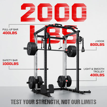 GOIMU DP01 Power Cage, 2000LBS Squat Rack with with Cable Crossover and Dual Independent Pulley System, Full Cage for Full Body Training, Power Rack with More Training Attachments for Home Gym(BK-Pro)