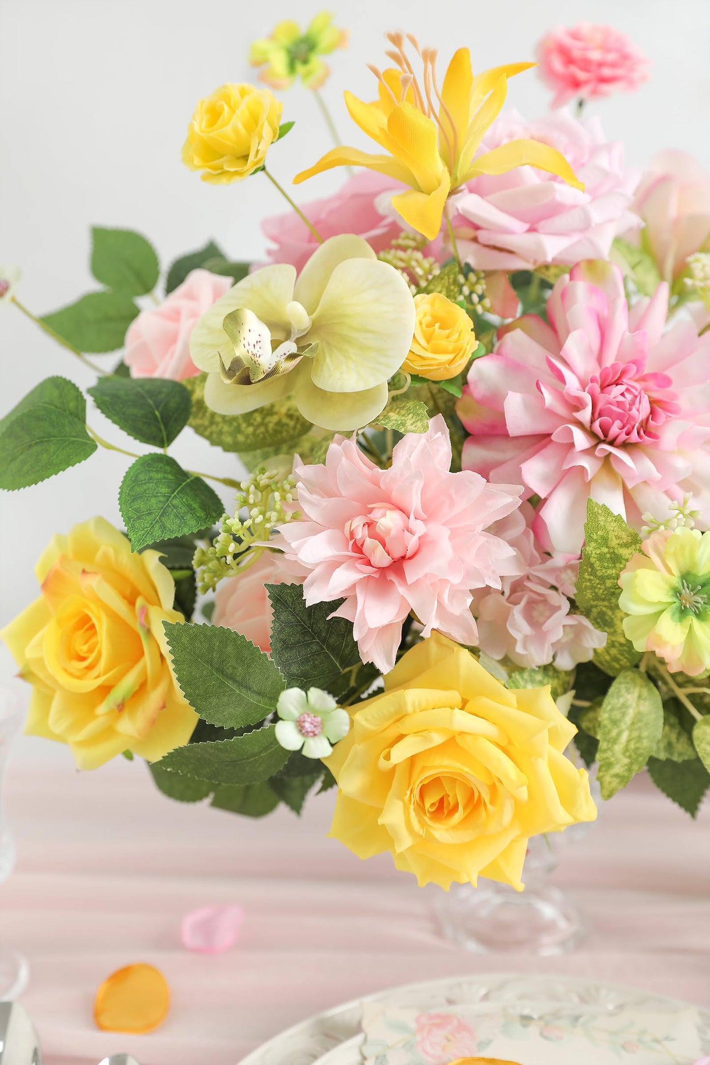 rongflower Yellow Pink Artificial Flowers Combo Set Fake Flower Leaf Box with Stemst for DIY Wedding Bridal Bouquet, Centerpieces, Home Decor, Floral Arrangement Decor