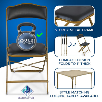 Premium Folding Chairs 4 Pack - Narrow 15" Seat, Padded Seat & Back - Folds Ultra Slim (~1 Inch) - Elegant Event Seating for Weddings, Parties & Dining Gold Frame Black Vinyl
