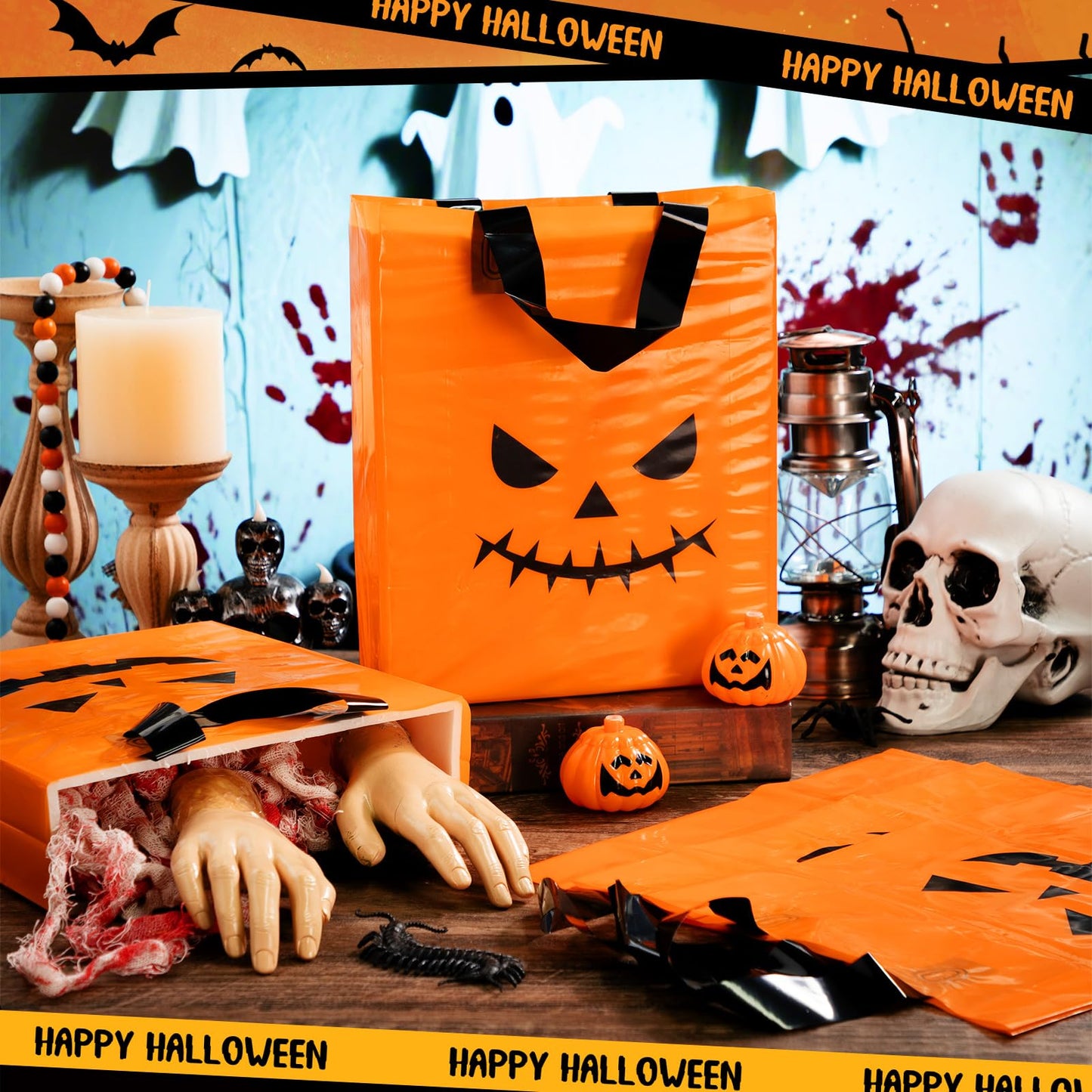 Gersoniel 48 Pcs Halloween Plastic Gift Bags with Handle Treat or Trick Pumpkin Tote Bags Candy Goodie Bag for Home Treat or Trick Halloween Party Favor Supplies Decorations