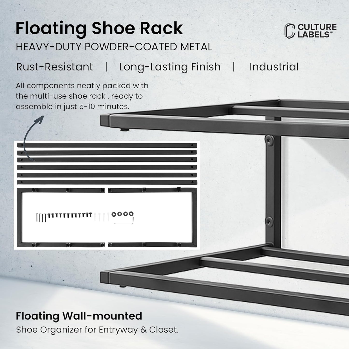 CULTURE LABELS 2 510 Wall Mounted Shoe Rack - Modern Tier Shoe Hanger with Easy Minute Assembly - Space Saving Stylish