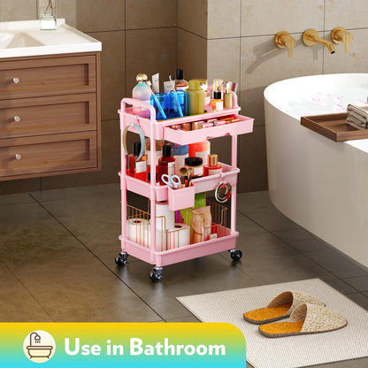 SUNALLY Makeup Cart Organizer with Drawers, Floor Skincare Organizers Vanity Storage Organizer, Rolling Makeup Bathroom Storage Cart Cosmetics Display Cases for Skin Care Perfume Nail Polish, Pink