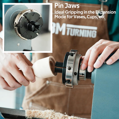 BMTURNING 4” Wood Lathe Self-Centering Chuck Set, Dovetail Jaws, Pin Jaws, Step Jaws, Wide Jaws, 5" Flat Jaws, Wood Screw, 1"x8TPI Thread, adaptor to 3/4"x16TPI, with Nickle electric Coating.
