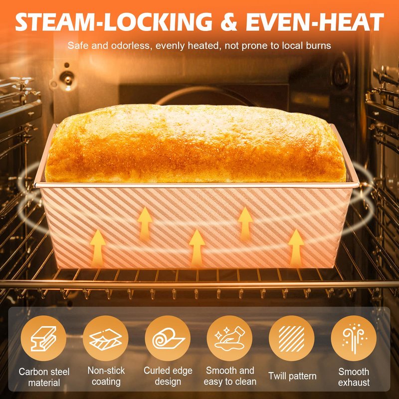 Dipanist 2Pack Large Bread Pan with Lids – 2.2LB Dough Capacity, Non-Stick Carbon Steel Bread Pans for Homemade Sandwich and Sourdough Bread, Corrugated Toast Mold(Gold)