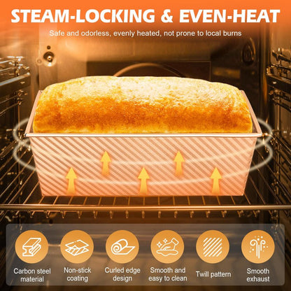 Dipanist 2Pack Large Bread Pan with Lids – 2.2LB Dough Capacity, Non-Stick Carbon Steel Bread Pans for Homemade Sandwich and Sourdough Bread, Corrugated Toast Mold(Gold)