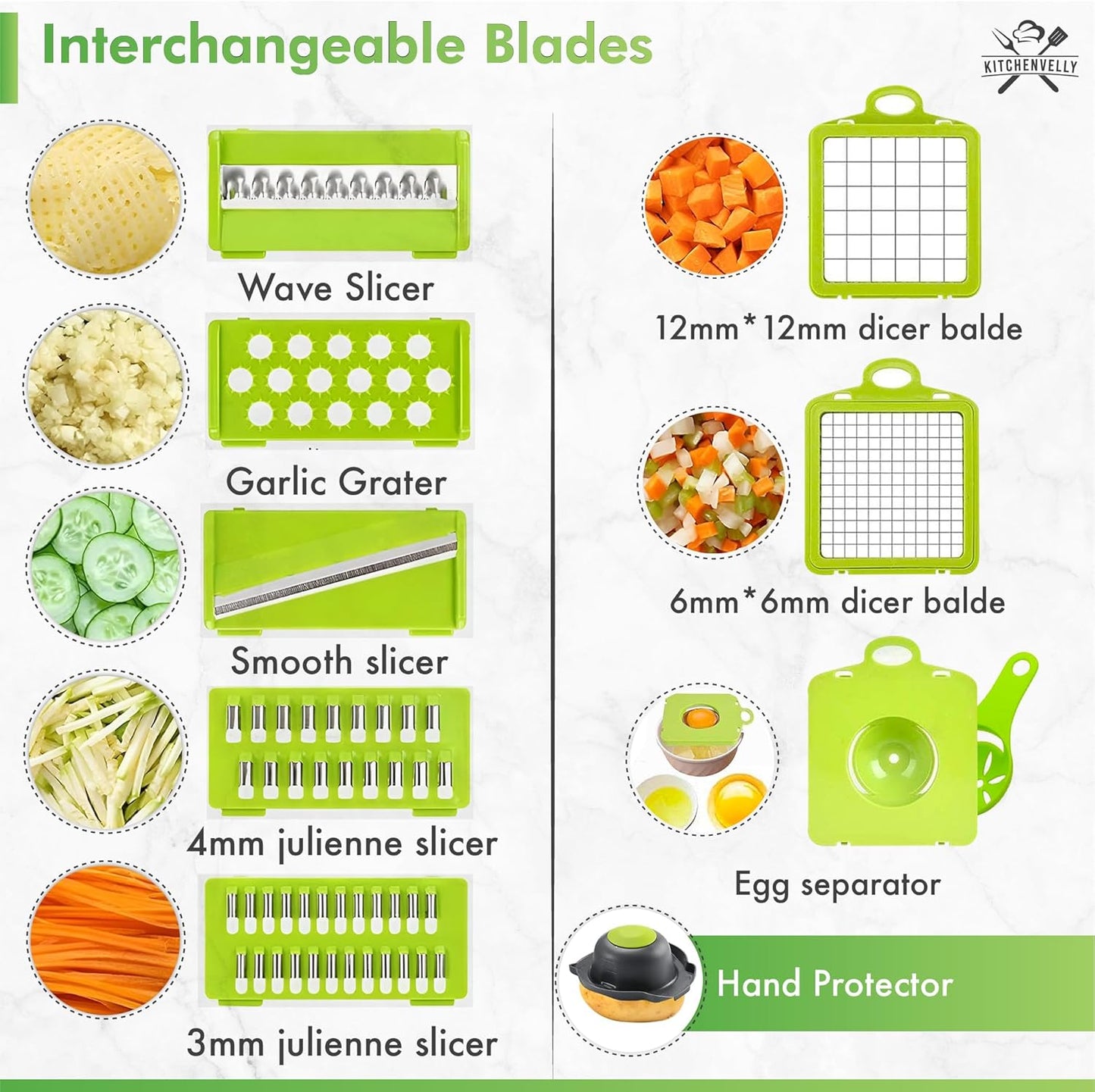 Skiennix 16-in-1 Vegetable Chopper - Easy Meal Prep Tool with 8 Stainless Steel Blades | Green