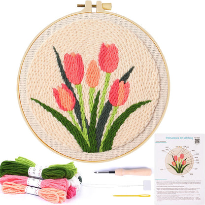KESTAR Punch Needle Embroidery Starter Kits, Pink Tulip Flower Punch Needle Kits for Adults Beginner, Needle Punch Kit Tool with Instruction Threader Fabric Yarns and Hoop
