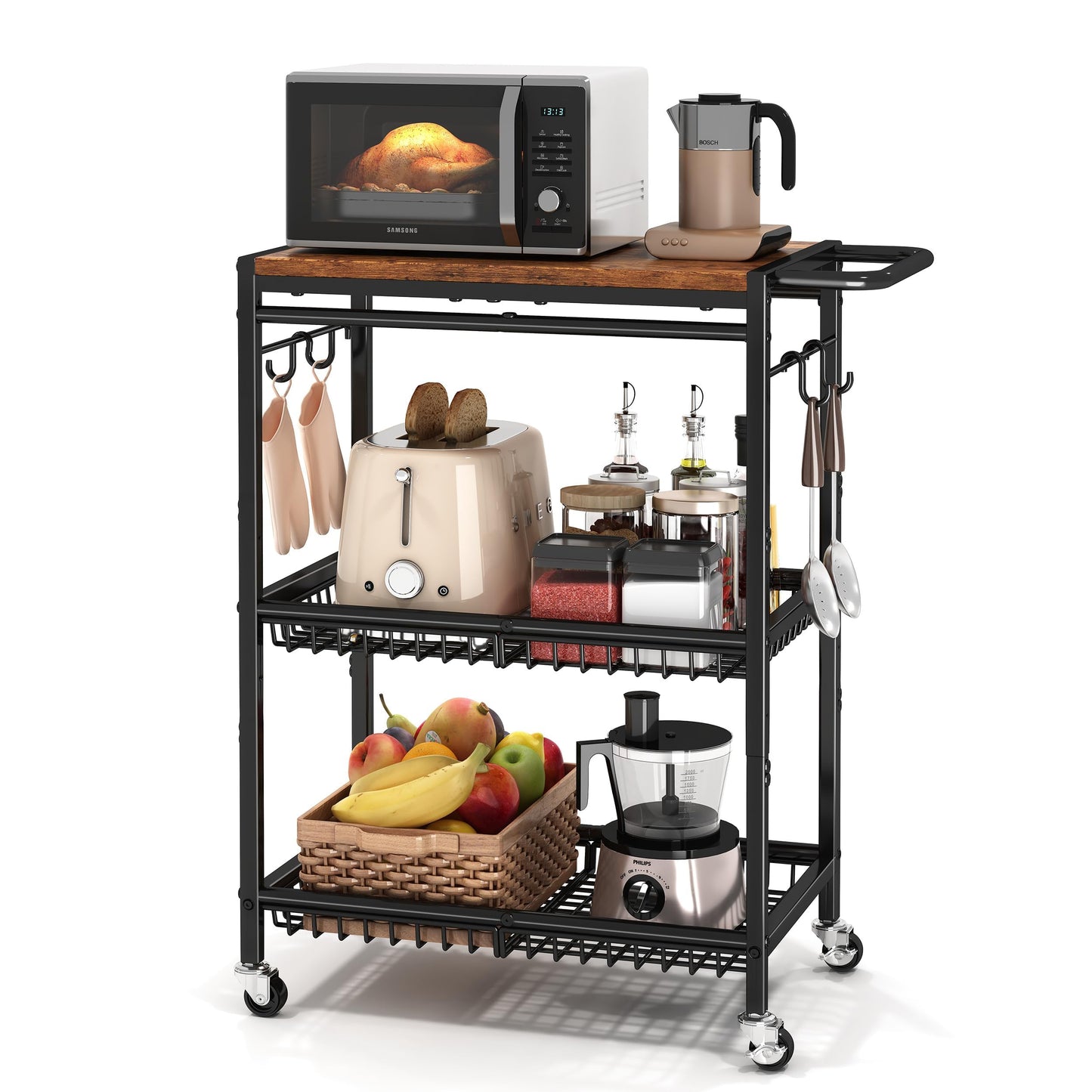 Microwave Kitchen Cart with Push Handle, 3 Tier Rolling Cart with 2 Lockable Wheels, Vintage Kitchen Storage Cart with 210Lbs Capacity for Kitchen Island, Restaurant, Coffee Bar, Living Room, Office
