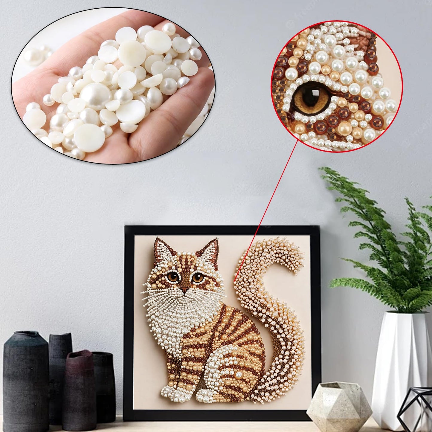 Cat Pearl Diamond Art Kits for Adults, DIY Special Shaped Diamond Painting Kit for Beginners, 5D Diamond Painting Pearl Gem Art for Home Wall Decor 13.8 X 13.8 Inch