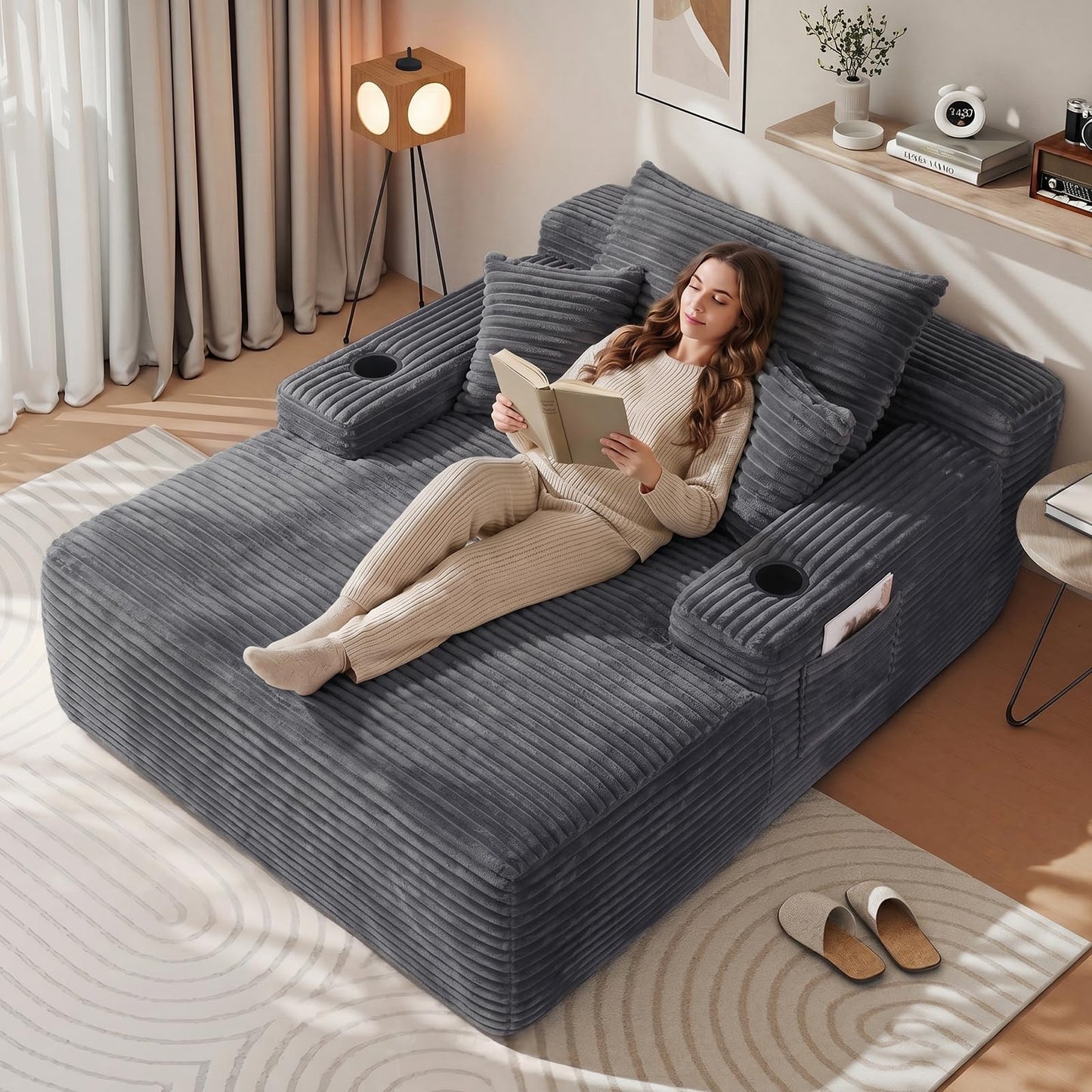 Yafylly 65" Oversized Boneless Chaise Lounge Chair Indoor, Corduroy Sleeper Bed with No Assembly for Living Room, Bedroom, Reading Nook, Lounge, Grey