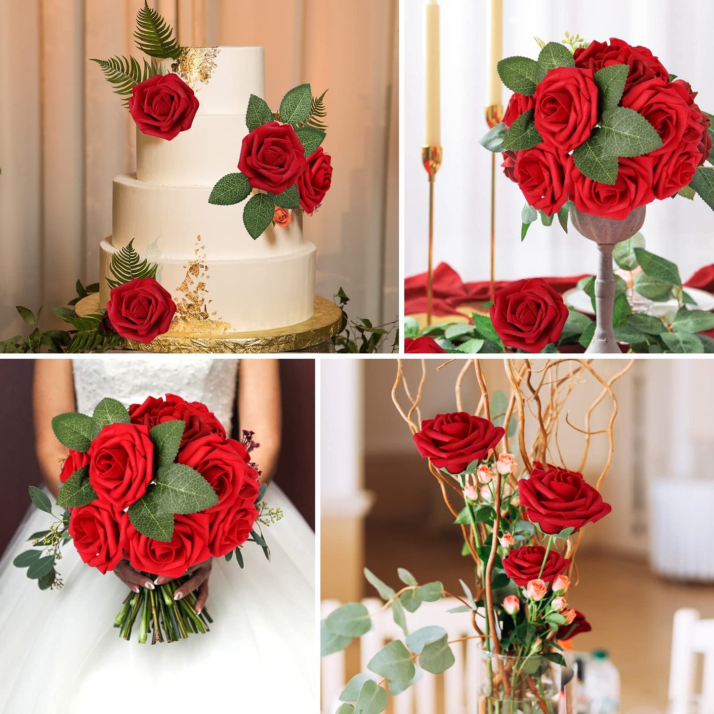 AmyHomie Artificial Flowers Dark Red Rose 25pcs Real Looking Fake Roses w/Stem for DIY Wedding Bouquets Centerpieces Arrangements Party Baby Shower Mothers Day Christmas Tree Decorations
