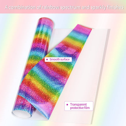 VINYL FROG Rainbow Holographic Heat Transfer Vinyl 12''x5ft Rainbow Glitter HTV Iron on Vinyl for T-Shirts, Holographic Vinyl Roll Pattern Vinyl for DIY Fabric Designs, Stretchable & Washable
