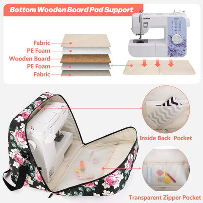 Teamoy Sewing Machine Carrying Case, Sewing Machine Tote with Bottom Wooden Board Pad for Most Standard Sewing Machines and Accessories, Peony