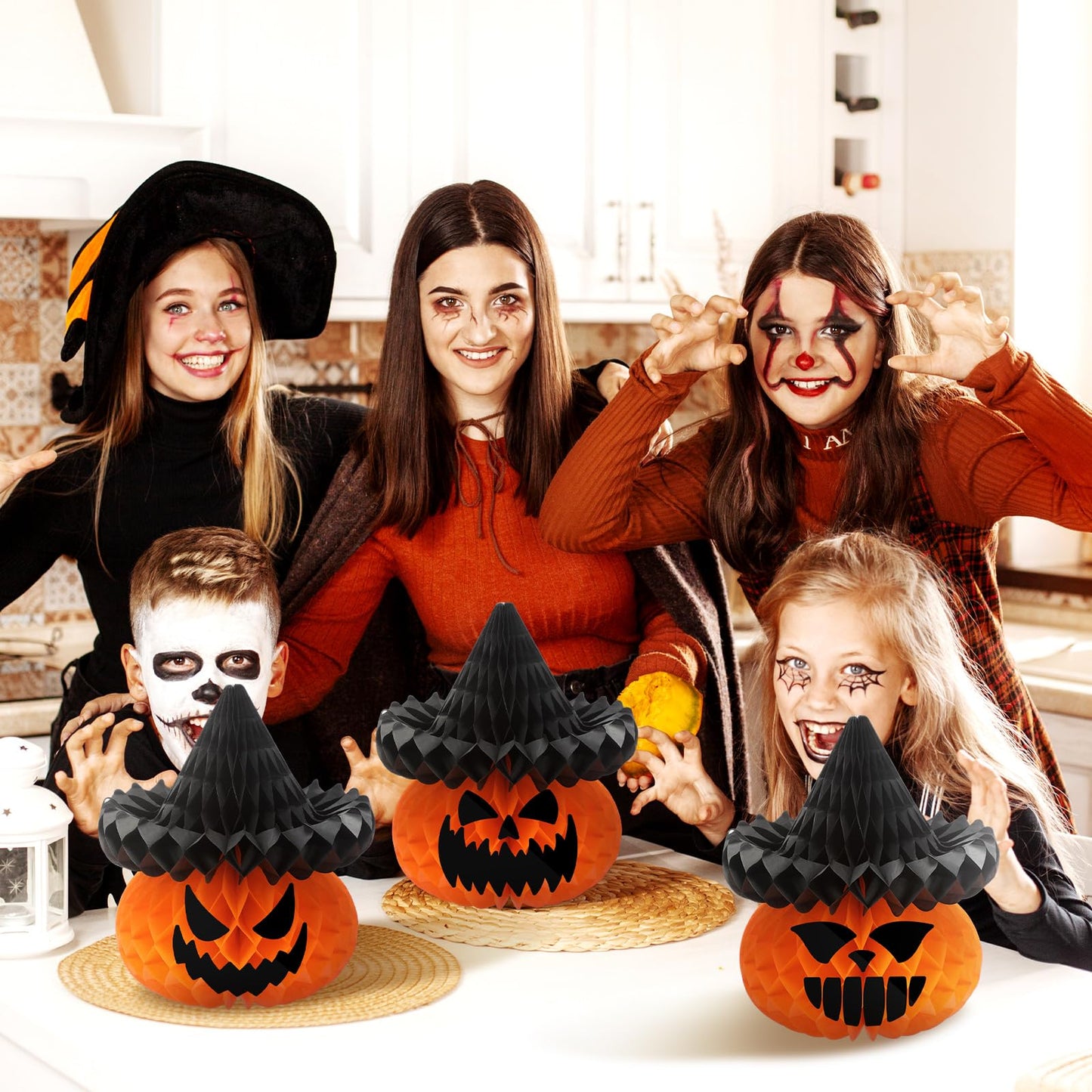 Fourluoo 6 Pcs Large Halloween Pumpkin Witch Hat Honeycomb Centerpieces 9.84 x 11 Inch Thanksgiving Paper Honeycomb Decorations 3D Table Decor for Fall Tailgate Party