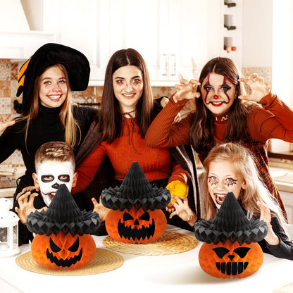 Fourluoo 6 Pcs Large Halloween Pumpkin Witch Hat Honeycomb Centerpieces 9.84 x 11 Inch Thanksgiving Paper Honeycomb Decorations 3D Table Decor for Fall Tailgate Party