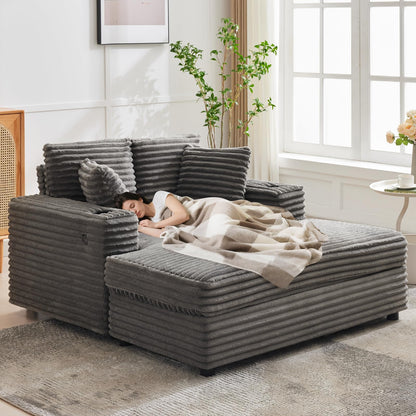 Garvee 60" Oversized Chaise Lounge Chair Indoor, Corduroy Upholstered Sleeper Sofa Bed w/Cup Holder & Charging Port, Cloud Couch Sofa Chair w/Throw Pillows & Wide Arms for Living Room, Bedroom, Gray