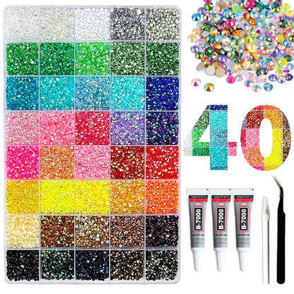 48000Pcs Resin Jelly Rhinestones for Bedazzling,40 Colors 3mm Flatback Gems Bedazzling Kit with 3Pcs 10ml B7000 Glue for Clothing Nail Art Shoes Crafting Makeup (40 Colors+3 Pcs Glue)