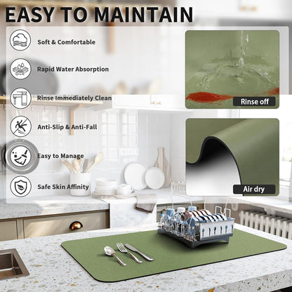 Dish Drying Mat for Kitchen Counter, Green Heat Resistant Non-slip Drainer Mats, Easy to Clean, 16"x20"