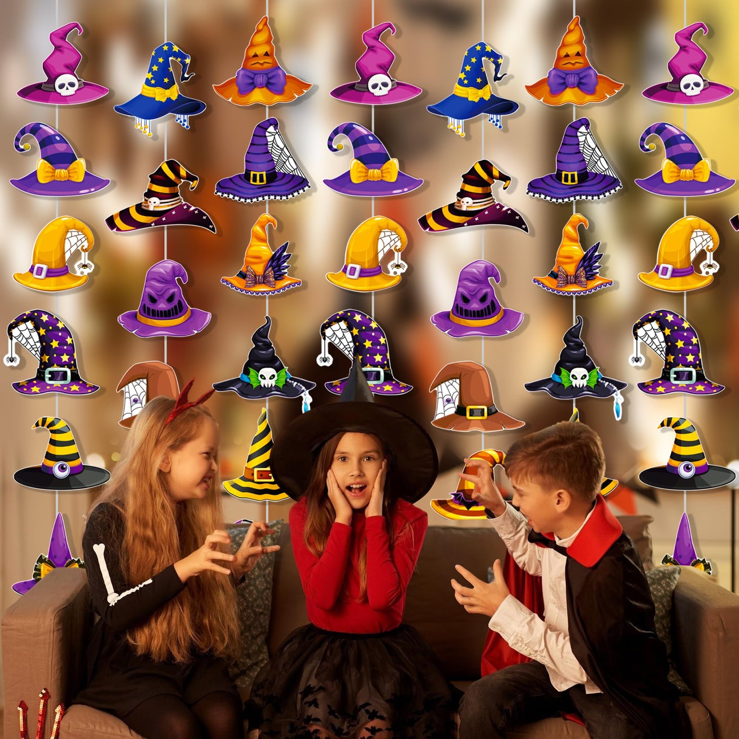 Halloween Witch Hat Garlands Halloween Party Supplies 8PCS Pre-Strung Witch Hanging Paper Garland Banners Wizard Hat Decorations for Spooky Theme Birthday Baby Shower Decor