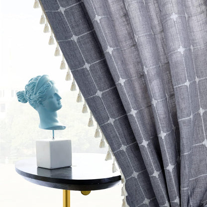 YoKii Boho Kitchen Curtains 36 Inch Length, Modern Farmhouse Cotton Linen Short Window Panel with Gingham Tassel