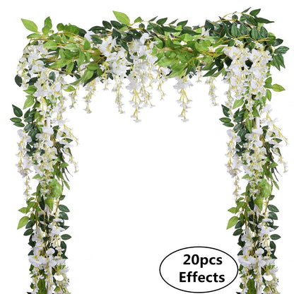 DearHouse 4Pcs 6.6Ft/Piece Artificial Flowers Silk Wisteria Garland Artificial Wisteria Vine Rattan Silk Hanging Flower for Home Garden Outdoor Ceremony Wedding Arch Floral Decor (White)
