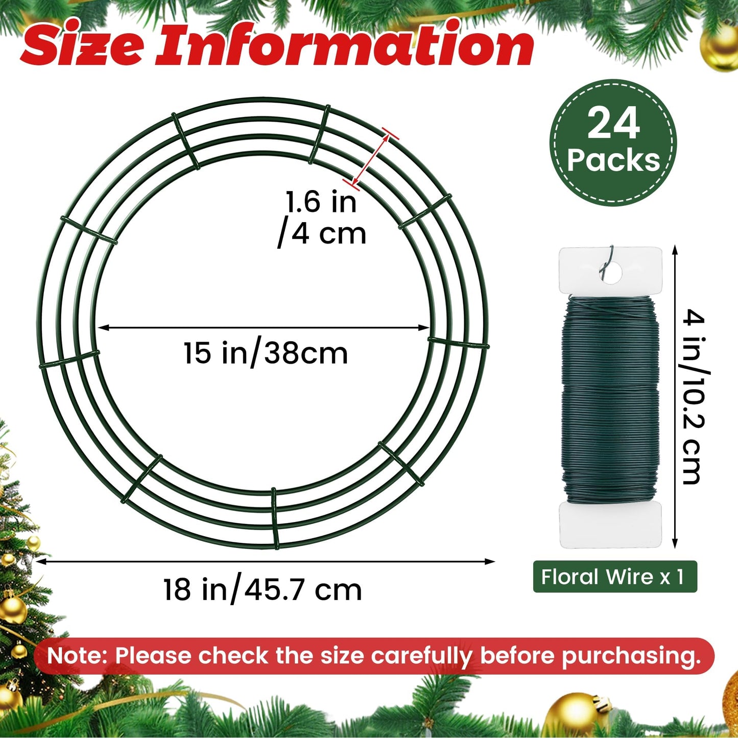 Fovths 24 Pieces Metal Christmas Wire Wreath Frame 18 Inch Green Wreath Ring with Floral Wire Form Front Door Garland Frame for Christmas Wedding Home DIY Crafts Supplies