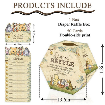 Winnie Baby Shower Diaper Raffle Hexagonal Box, 50 Bear Diaper Raffle Tickets with Box, Classic Baby Shower Game for Girls Boys, Pooh Baby Shower Party Centerpiece, Newborn Party Decoration Supplies