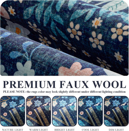 5x7 Blue,5'x7' YIHOUSE Blue Area Rug, Washable Bedroom Rug Floral Non Slip Soft, Colorful Flower Throw Carpet
