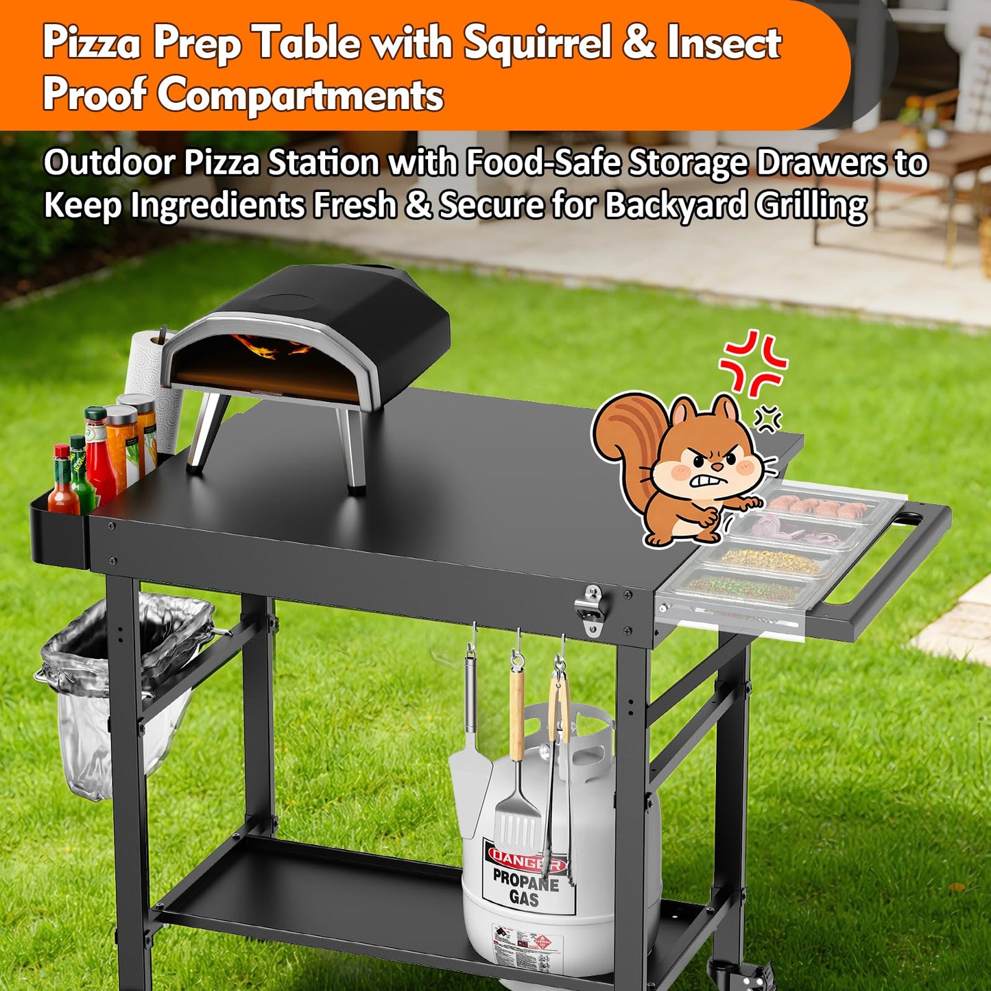 Outdoor Grill Cart for Pizza Oven, 28.8" Extra-Wide Pizza Oven Table, Heavy Duty Grill Cart with Pizza Topping Station, Grill Tables for Outside, Prep Station for Blackstone Griddle Accessories