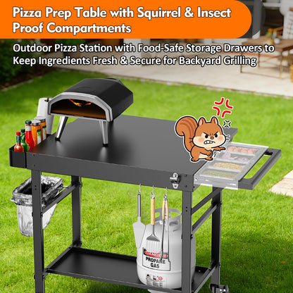 Outdoor Grill Cart for Pizza Oven, 28.8" Extra-Wide Pizza Oven Table, Heavy Duty Grill Cart with Pizza Topping Station, Grill Tables for Outside, Prep Station for Blackstone Griddle Accessories