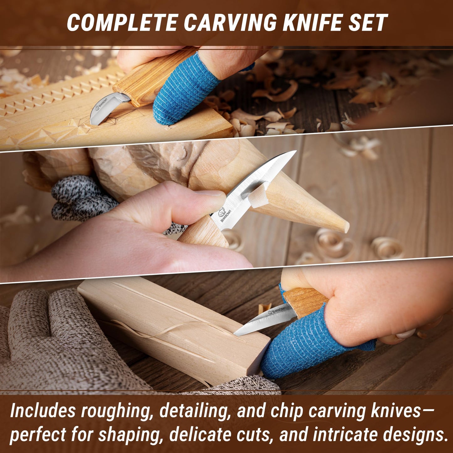 BeaverCraft Wood Carving Kit for Beginners S15 with Detail Chip Sloyd Whittling Knives & Leather Strop, 2 Different Sizes Basswood Soft Unfinished Carving Wood Blocks BW18