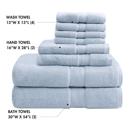 Madison Park 800GSM Bathroom Towel Set of 8 100% Cotton Bath Towel Set for Bathroom Luxurious Highly Absorbent 2 Bath Towels 2 Hand Towels 4 Washcloths Quick Dry Spa Quality Light Blue