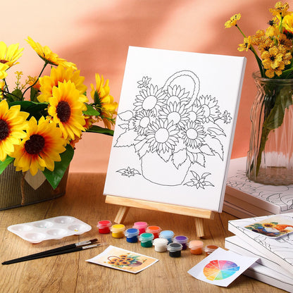 Humyoun 8 Sets 8" x 10" Sunflower Pre Drawn Canvas to Paint for Sip and Paint Party Sunflower Predrawn Coloring Set Pre Sketched Canvas Boards with Paints and Brushes for Adult