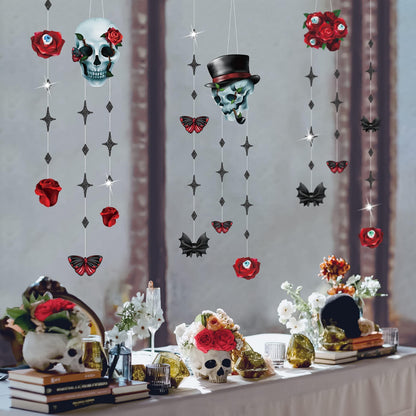 Cheerland Skull Rose Halloween Decorations Red Rose Skull Garlands Gothic Party Decorations Hanging Skeleton Streamers Witchy Decor Gothic Birthday Decoration Spooky Red Black Skull Banner Supplies