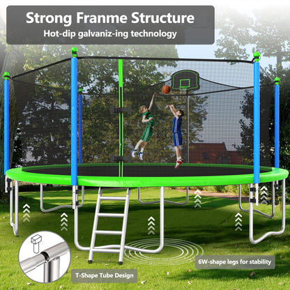 Lyromix Upgraded 16FT Trampoline with Lights, Large Outdoor Trampoline with Sprinkler,Basketball Hoop and Net, Capacity for 5-8 Kids and Adults, Teal Blue
