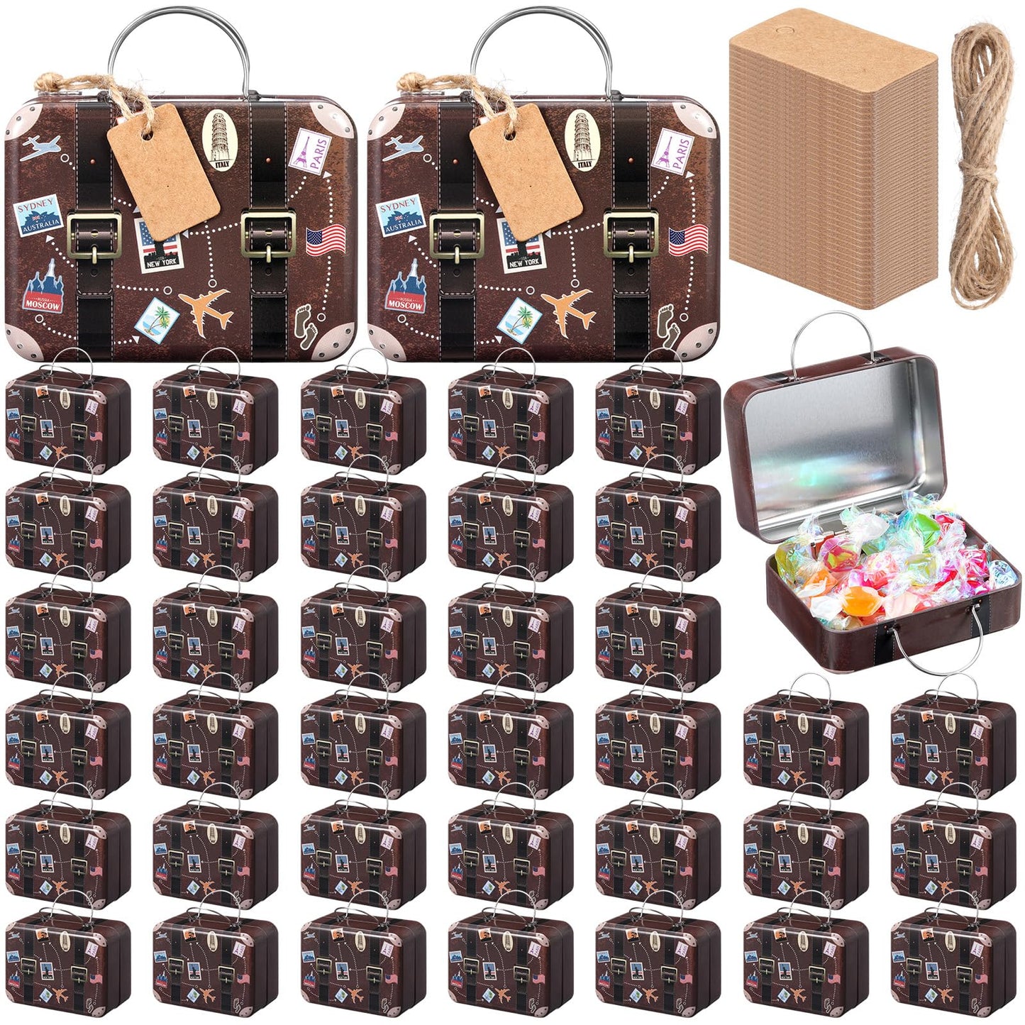 RimCereal 24 Pieces Mini Suitcase Party Favor Boxes Mini Luggage Gift Suitbox Small Travel Candy Tin Suitcase with Handle, Label and Twine for Travel Themed Party Bridal Shower Wedding Decoration