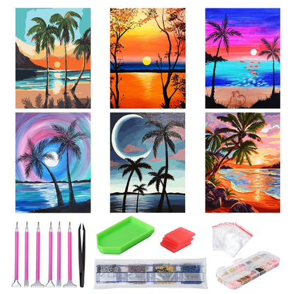 abcGoodefg Diamond Art Kits for Adults 6 Pack, DIY 5D Diamond Art Paintings Beach Sunset Round Full Drill Paint by Diamonds, 12x16 inch