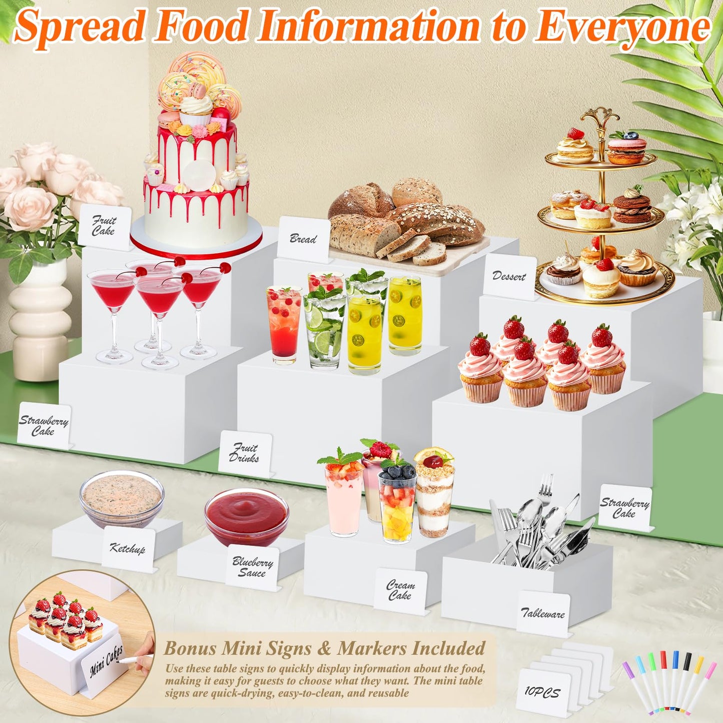 10 Pcs White Acrylic Buffet Risers with Mini Sign and Marker, Food Display Stands for Buffet Table Party Catering Dessert Jewelry Collectibles, Acrylic Cube Nesting Boxes with Hollow Bottoms 8 Sizes (10" 9" 8" 7" 6" 5" 4" 4" 3" 3")