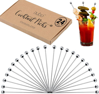 Cocktail Picks Stainless Steel Toothpicks, 24 Pack, 8 Inch Martini Picks for Appetizers and Garnish