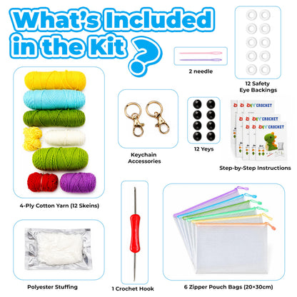 Crochet Kits for Begainners – 6 pcs Animal Amigurumi Set, 6 pcs Zipper Bag, Beginner Crochet Starter Pack for Adults & Kids, Learn to DIY Craft Stitch with Yarn, Hooks, Stuffing & Paper Instructions