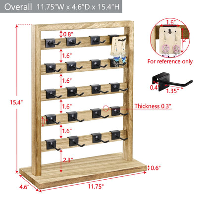 Ikee Design Wooden Jewelry Display Rack with 20 Removable Metal Hooks, Earring Card Display Holder Stand for Earring Cards, Necklaces, Bracelet, Keychain Stand, Oak Color
