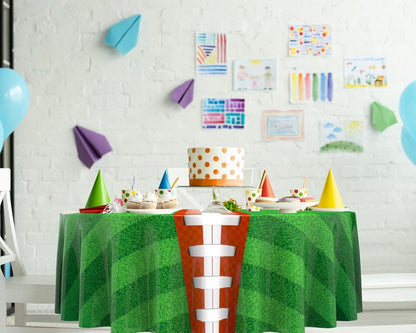 Oudain 12 Pcs Round Football Themed Tablecloths 84 Inch Football Field Tablecloth Green Grass Table Cover Plastic Sports Tablecloths Disposable Brown Ball Tablecloth for Birthday Party Supplies