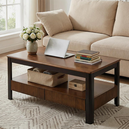 39.4" Walnut Solid Wood Coffee Table for Living Room,Mid Century Modern Real Wooden Fluted Coffee Table with 2 Drawers & Open Shelf Storage for Home Office,Oak Rectangle