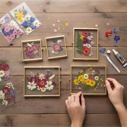 Thyle Flower Frame Pressed Kit, Include 4 Pcs Gold Metal Picture Frames and 140 Pcs Dried Pressed Flowers for Crafts DIY Floating Photo Frame for Tabletop Display, Home Decor, Gifts