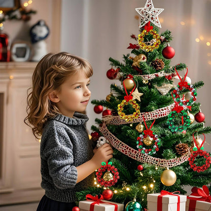 YBB 320Pcs Jingle Bell Wreath Ornaments Kit, 0.59inch Christmas Crisp Sound Bells for Craft with 20 Chenille Stems and Red Ribbon for Christmas Tree Party Decorations Kids DIY Crafts (Set of 10)