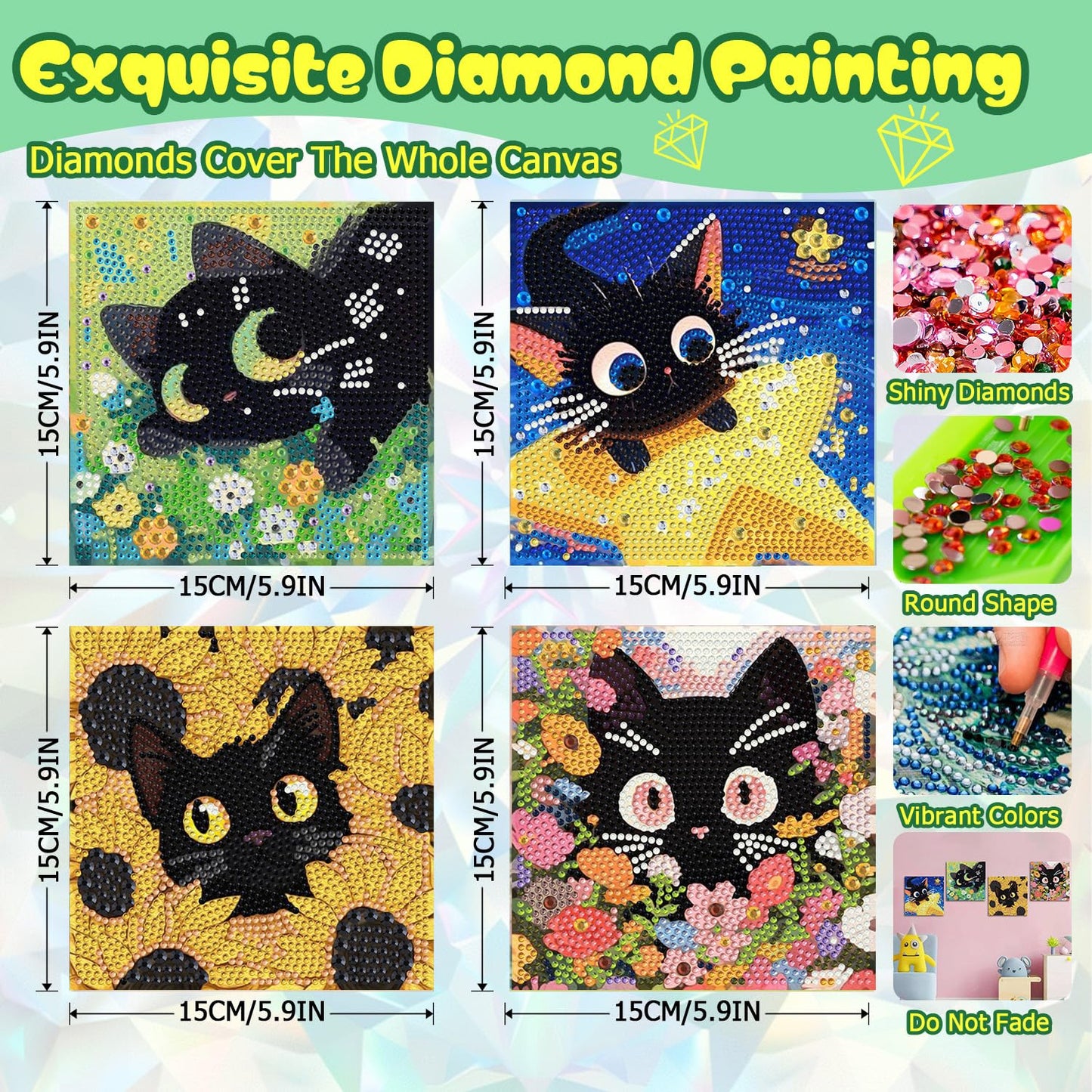 ICYANART 4 Pack Cat Diamond Art Kits for Kids Cute Diamond Art Painting for Kids Ages 6-8-12 Gem Art for Gifts and Home Wall Decor 7x7inch