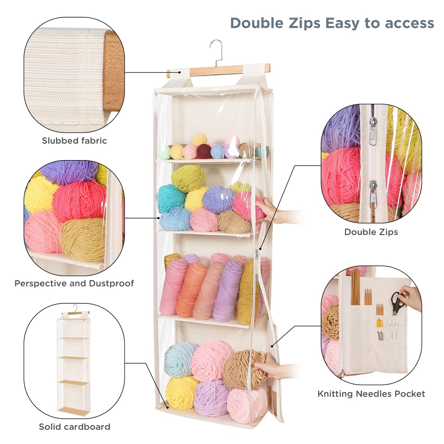 Univivi Hanging Yarn Storage Organizer with 4 Clear Compartments & Side Knitting Needles Pocket, Hanging Yarn Holder for Crochet Lovers (Beige)