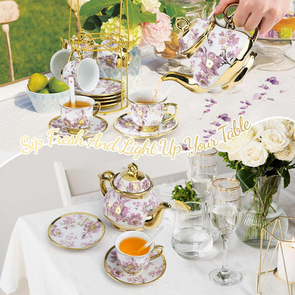 20 Set Sets Set Set Pcs Porcelain Tea with Metal Holder European Flower Tea for Adults, Ceramic Tea Party European