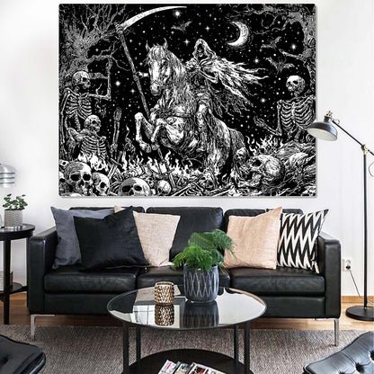 Lifeella Gothic Skeleton Tapestry, Horror Moon Skull Dark Death Grim Reaper Wall Art for Bedroom Grunge Room Decor, Black and White 44x60 inches